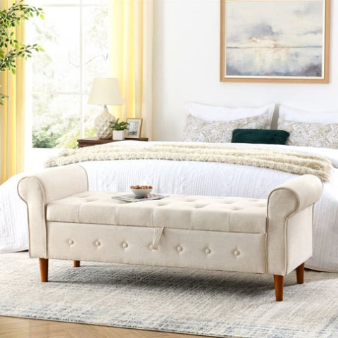 ZUN 62" Bedroom Tufted Button Storage Bench, Modern Fabric Upholstered Ottoman, Window Bench, Rolled Arm W1853112515