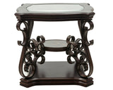 End table, Glass table top, MDF W/marble paper middle shelf, powder coat finish metal legs. W48720761