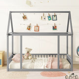 Full Size Floor Wooden Bed with House Roof Frame and Safety Guardrails ,Gray W1580P172925