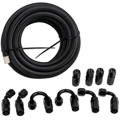 ZUN 20 ft Black Nylon Stainless Steel Braided Fuel Line + 6AN Hose End Adaptor 06386648