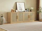 67" Rattan Sideboard Buffet, 4-Door Large Storage Credenza with Shelves, Boho Oak Buffet W1820P522734