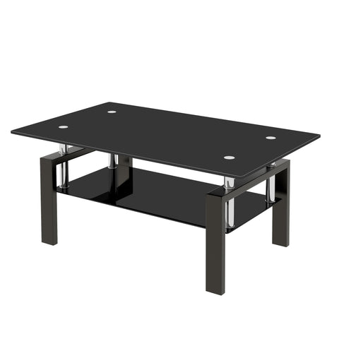 ZUN Black Tempered Glass Coffee Table, 2 Layer Storage Tea Table W327126618