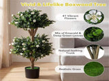 Set of 2 36" Artificial Boxwood Topiary Trees with Flowers, Indoor Outdoor Faux Plants 33264866