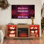 ZUN TV Stand Electric Fireplace TV Stand Glass Shelves, 3D Fireplace TV Stand LED Lights Wood W2275P257558