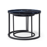 Set 2 Coffee Table Nesting Black top Black Frame Circular Round and Marble Pattern Wooden Tables, 62287079