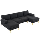 280*130*85 U-Shaped 4-Seat Linen Seat Frame Wooden Frame Back Iron Frame Golden Feet Indoor Modular 08465381