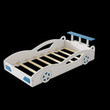 ZUN Wooden Race Car Bed,Car-Shaped Platform Twin Bed with Wheels For Teens,White & Blue WF310553AAK