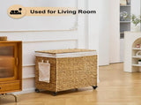 165L 3-Section Laundry with Lid and Wheels, Woven Natural Water Hyacinth Rolling Laundry 87264683