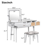 ZUN 43.3" Classic Wood Makeup Vanity Set with Flip-top Mirror and Stool, Dressing Table with Three 52892494