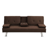 ZUN Sofa Bed with Armrest two holders WOOD FRAME, STAINLESS LEG, FUTON BROWN PVC W2297P164939