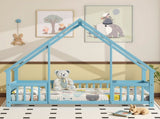 Queen Size Montessori Kids Floor Bed Frame, Playhouse Bed with Triangle Roof Frame, FullSurround 49747986