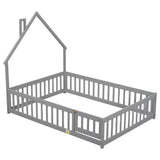 Full House-Shaped Headboard Floor Bed with Fence ,Grey W504119480
