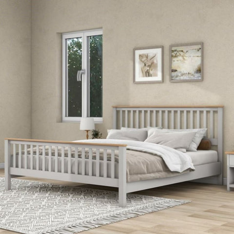 ZUN Country Style Concise Gray Solid Platform Bed with Oak Top, No Box Spring Needed, King WF294588AAG