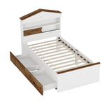 Twin Size House-Shaped Wooden Bed with Storage Shelf on the Headboard, Built-in Two Storage Drawers, N733P187490D