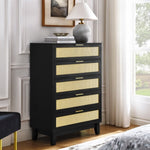 ZUN Bedroom 5 drawer dresser, rattan dresser modern wooden chest of drawers with spacious storage space W1781P183009