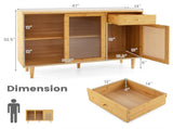 Natural Bamboo Sideboard Cabinet with Rattan Door, Sliding Door & Pull-Out Drawer, 5-Leg Rubber Wood 48150177