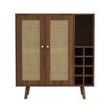 ZUN Bohemian Bar Cabinet, Natural Rattan Doors, Removable Wine Rack in Walnut B064P191193