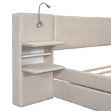 Queen Size Upholstered Platform Bed with Reading Lights, Drawers, Trundle and Shelves, Beige 57706475