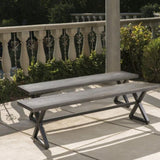 ZUN Outdoor Aluminum Dining Benches with Steel Frame, 2-Pcs Set, Grey / Black 61625.00BGRY