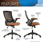 ZUN Mid-Back Mesh Task Office Chair with Height Adjustable Arms, Brown 61440743