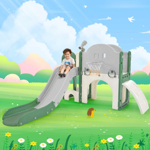 ZUN Kids Slide Playset Structure 7 in 1, Freestanding Spaceship Set with Slide, Arch Tunnel, Ring Toss PP319756AAF