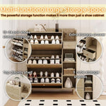 ZUN Natural Bohemia Style Shoe Cabinet, Shoe Rack Cabinet with 3 Rattan Flip Drawers,3 Square Shelves W2557P175973