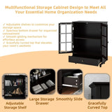 Minimalist Black Buffet Cabinet with Double Glass Doors and Drawer, Modern Wooden Storage Sideboard W2557P307942
