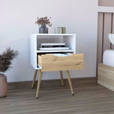 Nightstand 25"H, Superior Top, Four Legs, One Open Shelf, One Drawer, White / Light Oak B097132997