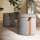 ZUN Brandy 14" Round Upholstered Storage Ottoman with Leather Accent, Uptown Gray B2719P269256