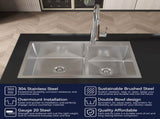 Stainless Steel Kitchen Sink, 32x19 Double Bowl in Brushed Nickel, Overmount Handmade Sink, with 04997496