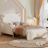 Twin XL Size Upholstered Stretchable Vaulted Sofa Bed, Bear Shaped Headboard, Beige N709P182128A