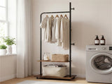 Industrial Rolling Clothing Rack with 2 Wooden Shelves & Hooks, Freestanding Garment Rack for 80127414