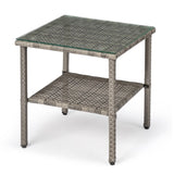 Square double layer glass tabletop gray gradient rattan side table 70224079