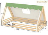 Twin Size House Floor Bed with Tent and Light, Solid Wood Teepee Floor Bed with Full-length W1580P369466
