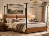 Queen Canopy Bed Frame, Faux Leather Upholstered Bed with Metal Frame, Four Poster Platform Bed, No W636P566621