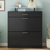 ON-TREND Slim Entryway Organizer with 2 Flip Drawers, Tempered Glass Top Shoe WF303589AAB