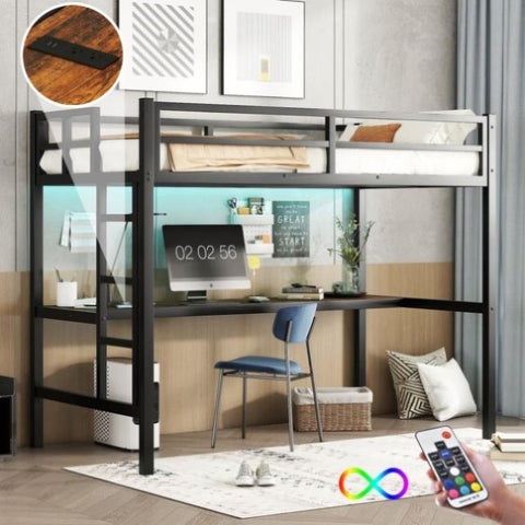 ZUN Metal Twin XL Size Loft Bed with Power Outlet and LED Lighted, Space-Saving, Noise Reduced, Black W1307P192840