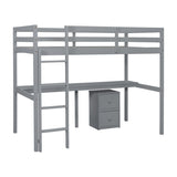 Twin Loft Wood Bed with Under-bed, Built-in Desk, a Storage Cabinet of 2 Drawers, Guardrails, W504P193786