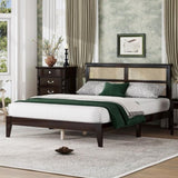 Queen Size Rubber Wooden, Solid Wooden Bed with Rattan Headboard, Enhanced by Support Feet,Espresso W504P252031