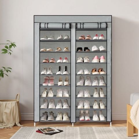 ZUN FCH Double Row 10-Tier Non-Woven Fabric Shoe Cabinet with Iron Pipes and Plastic Components, Gray 25457979