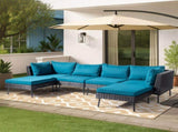 2 pcs armless sofa 2 pcs corner sofa 2 pcs footstool iron legs black rattan peacock green 72293141