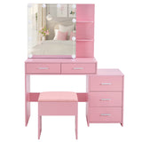 Pink particleboard with textured melamine finish, 5-drawer, 2-tier sliding door mirror cabinet, 55166870