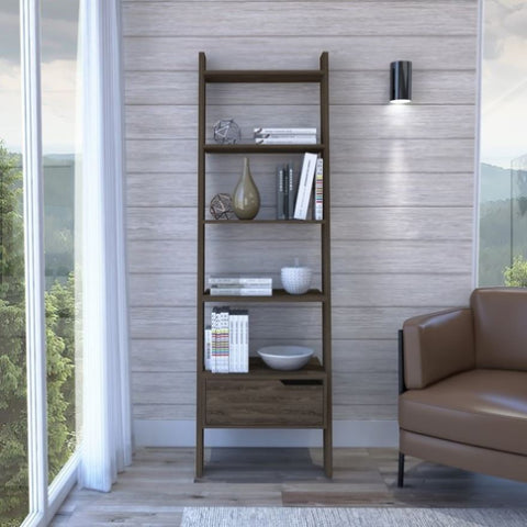 ZUN Oslo Ladder Bookcase, Four Legs, One Drawer, Five Open Shelves -Dark Walnut B20091974