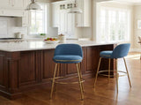 Rio Claro Indoor Metal Upholstered Barstool, Gold Finished Frame and Blue Upholstery, Set of 2 N775P268026U