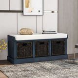 Rustic Storage Bench with 3 Removable Classic Rattan Basket , Entryway Bench with Removable Cushion 76490298