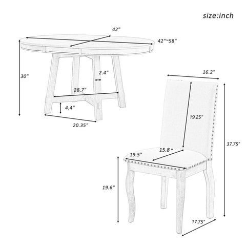 ZUN 5-Piece Farmhouse Dining Table Set Wood Round Extendable Dining Table and 4 Upholstered Dining 80008681