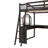 Full Wooden Loft Bed with U-shaped Desk,Storage Compartments and Tri-fold Mirror, Espresso 27628396