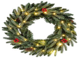 24" Pre-Lit Christmas Wreath - 20 Warm White LEDsPine ConesRed Berries 83366207