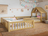 Twin Size House Floor Bed, Double Twin Floor Bed with Door and Full-length Guardrails, W1580P327129