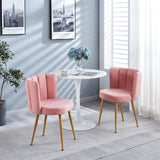 Modern pink dining chair with iron tube wood color legs, shorthair cushions and W23464147